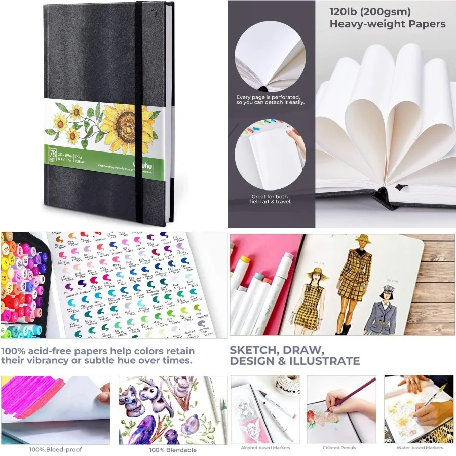 

Тяжелая гладкая бумага для рисования для спиртовых маркеров 120 фунтов/200 г/м, 78 листов/156 страниц, альбом для рисования в твердом переплете с компактным размером 11,7 x