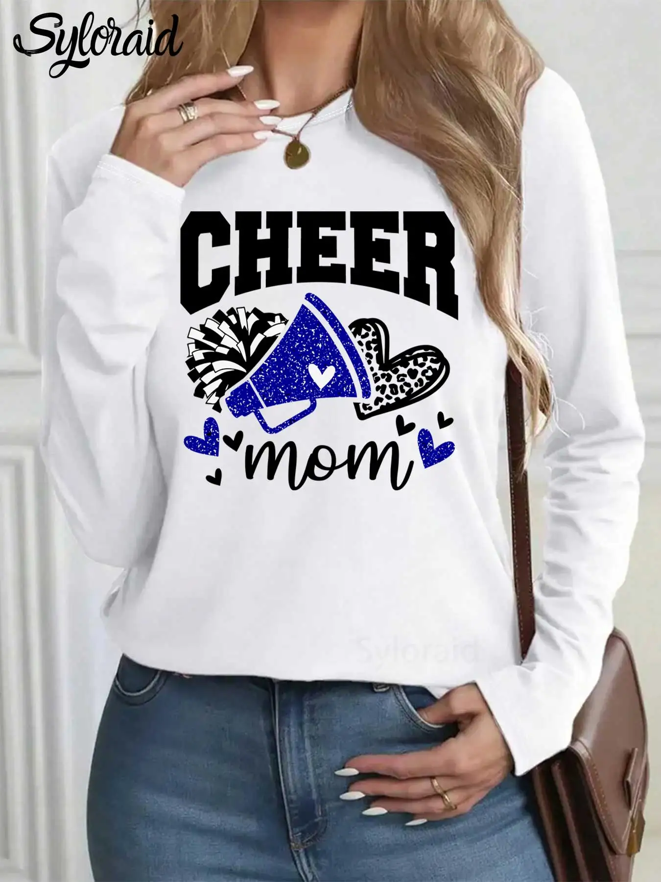 تي شيرت نسائي بأكمام طويلة تي شيرت Cheer Mom جرافيك تي شيرت Coquette Bow Shirt Game Day تي شيرت عصري برقبة دائرية كاجوال #1