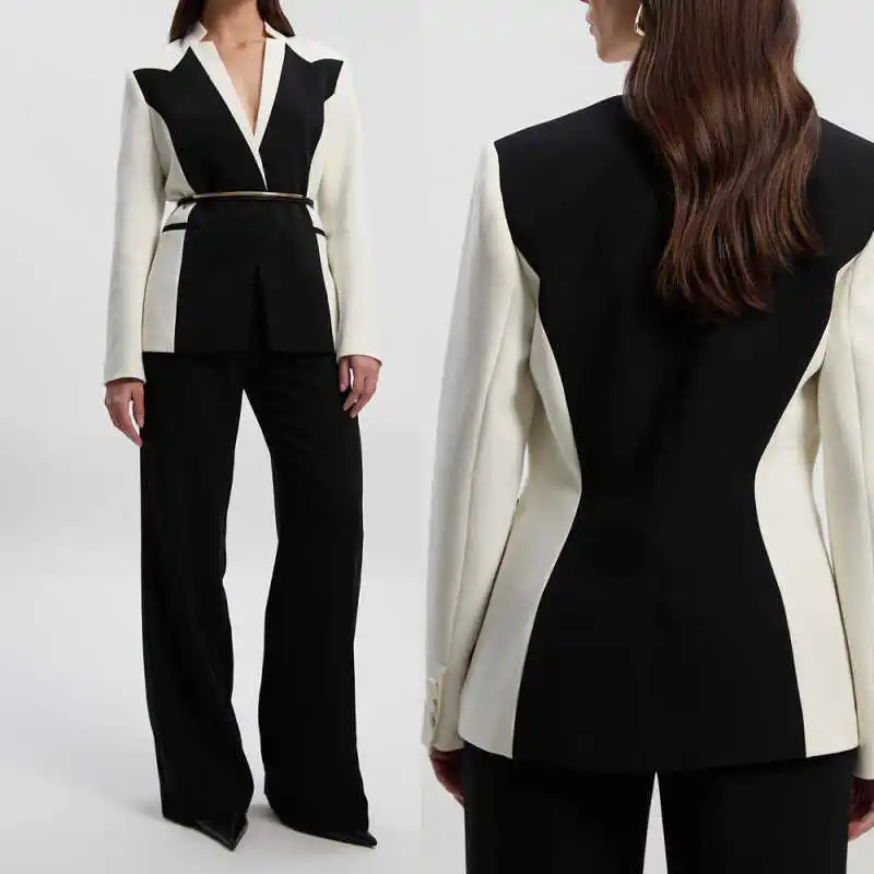 

Black White Splicing Women Suits 2 Pieces Blazer Pant Single Breasted V-Neck Street Commute Office Special Occasion Customized