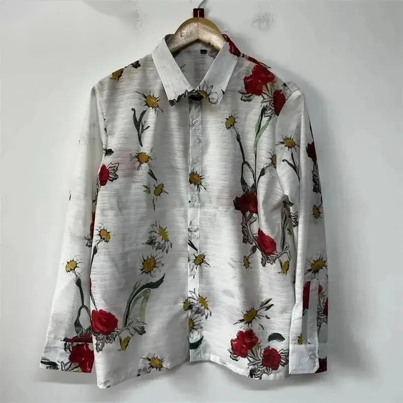 Rose Floral Botanical Print Textured Fabric Shirt Mens Relaxed Fit Niche Vintage Art Autumn Long Sleeve Casual Tops CA3E4