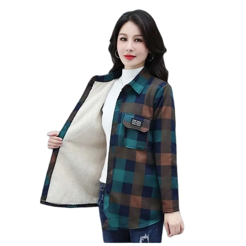 

Ladies Autumn Winter Plaid Add Velvet Shirt New Middle-Aged Women's Warm Shirt Loose Single-Breasted Coat Bottoming Shirt