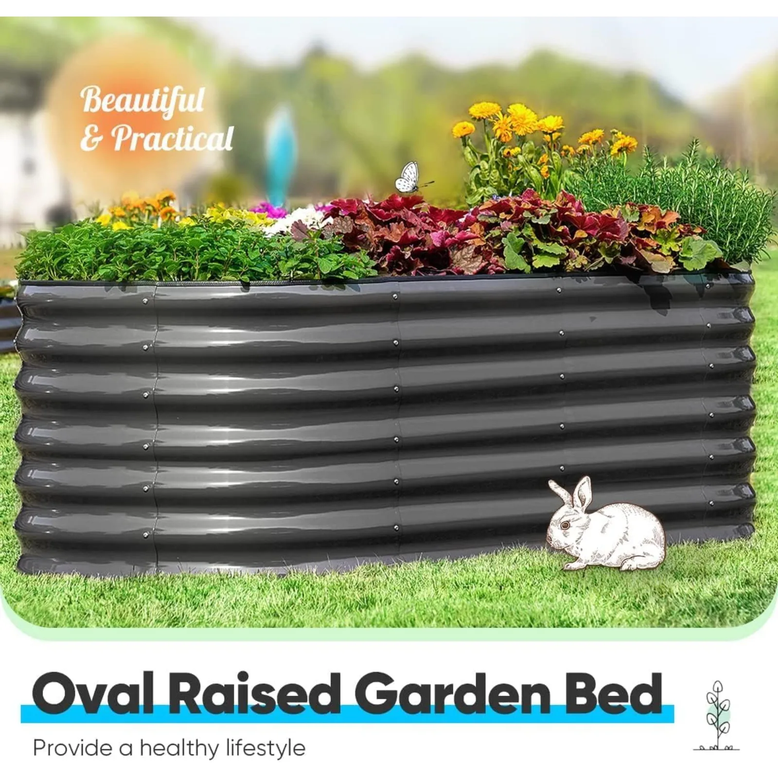 

US Galvanized Raised Garden Bed Kit, 8x4x1 ft Oval Metal Planter Box for Vegetables, Rubber Strip Edging Included (Dark Gray)