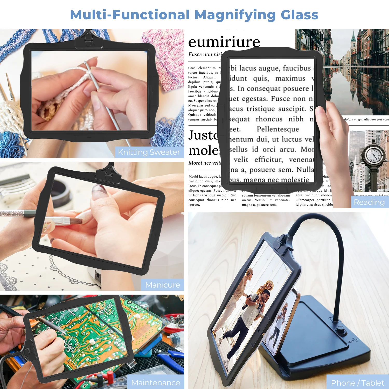 5X Large LED Full Page Desktop Magnifier with Adjustable & Detachable Stand, Ideal for Reading Fine Print, Crafting, Low Vision