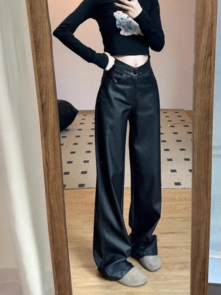 2025 vendita calda moda donna pantaloni in ecopelle vita alta slim fit dritto pantaloni a gamba larga primavera autunno pantaloni casual da pavimento