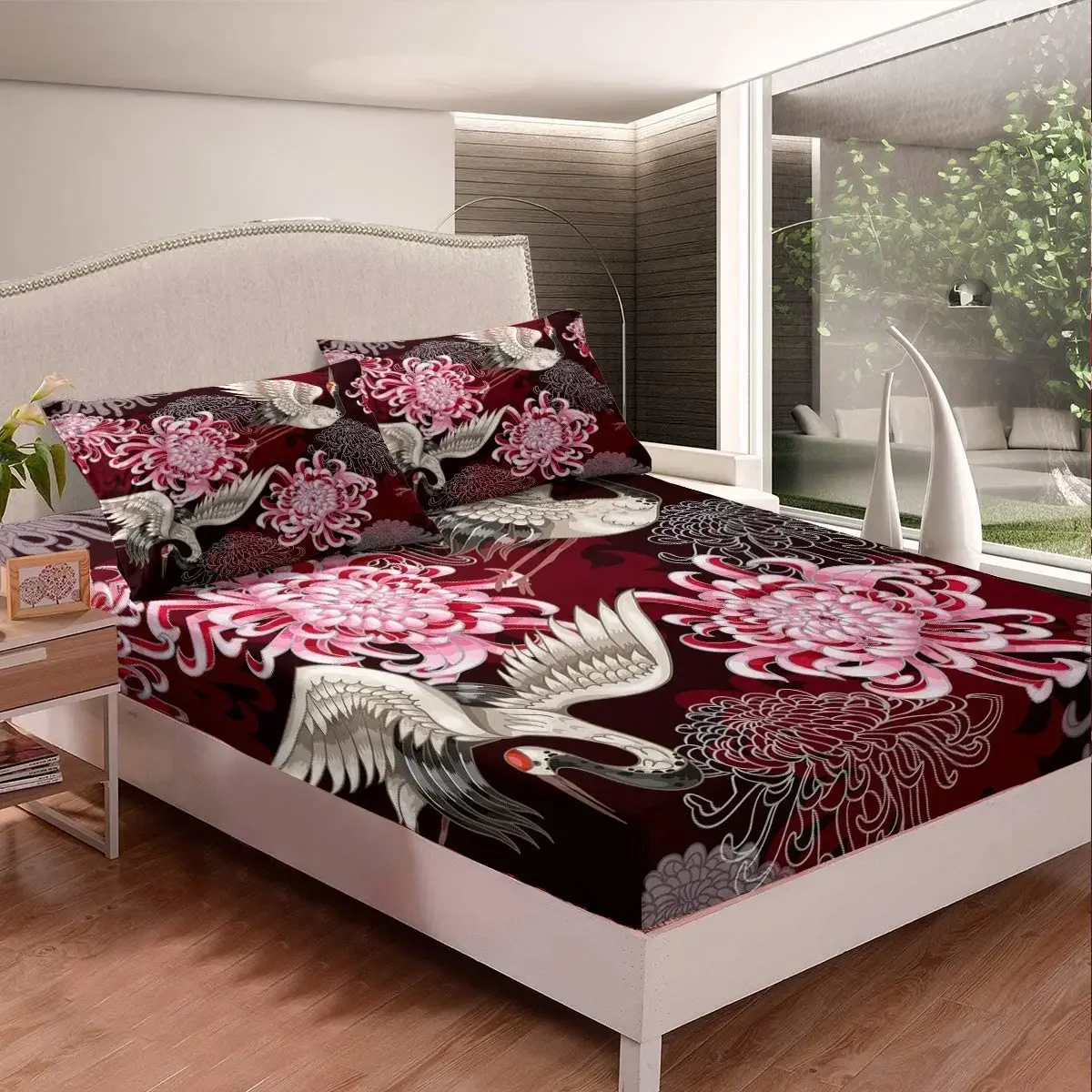 

Chrysanthemum Blossom Flowers Bed Sheet Set Floral Printed Fitted Sheet Eastern Crane Bedding Set Animals Bed Cover Nature King