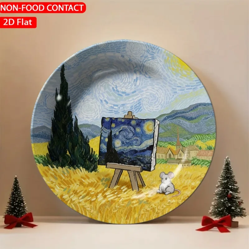 1pc Starry Night Canvas Mouse Ceramic Plate Non-Food Contact, Home Desk Ornaments, Living Room And Bedroom Decorations,