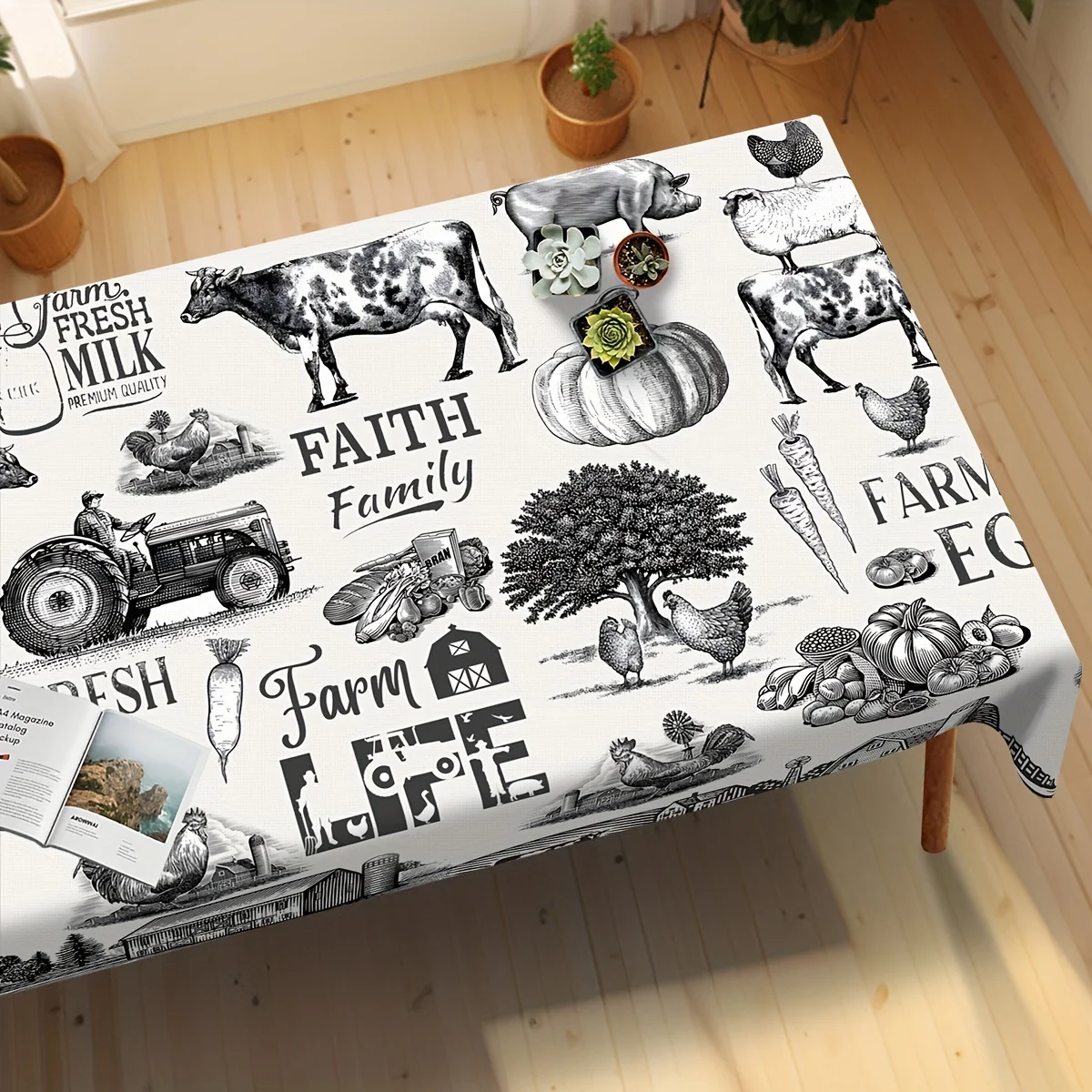 Tractor dairy farm tablecloth, rural style black and white round tablecloth, autumn decoration