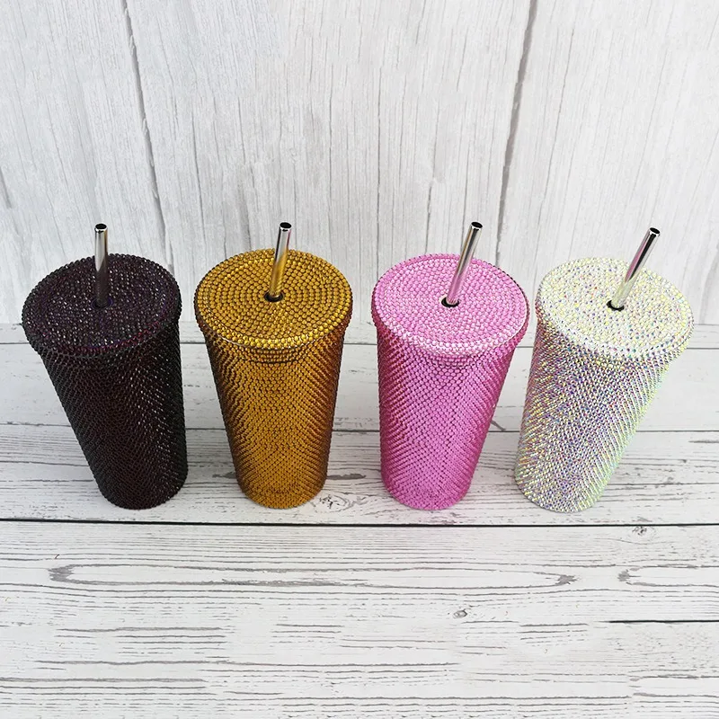 Rhinestone Studded Stainless Steel Tumbler Multi Capacity Double Wall Insulated Coffee Cup With Straw Hot Cold Drinks