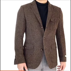 Traje informal Retro de Tweed para hombre, chaqueta con cuello de solapa plano, traje de una sola botonadura, chaqueta de boda para novio, figura de cazador de caza, 2022