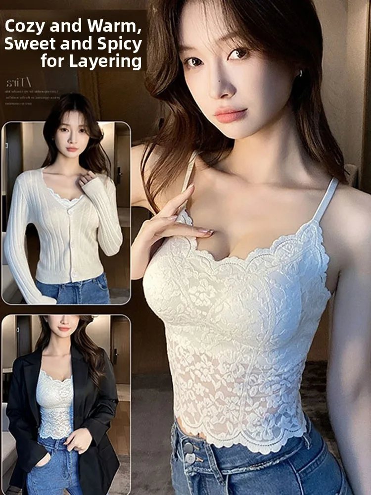 Women's Faux Fur Vest Lace Trim Camisole Tank Top Integrated Strapless Bra Pad Fishbone Design Base Layer Spring 2025