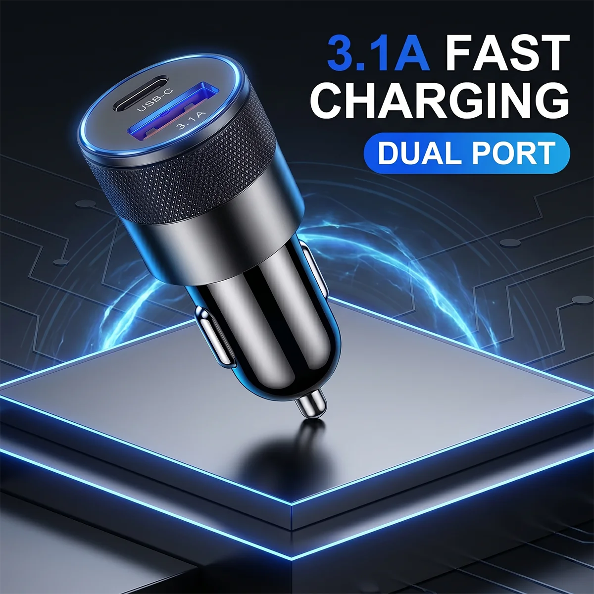 Mini 3.1A Dual USB Car Charger Fast Charging USB-C Adapter with Metal Housing Compact Car Charger For iPhone 17 16 For Samsung