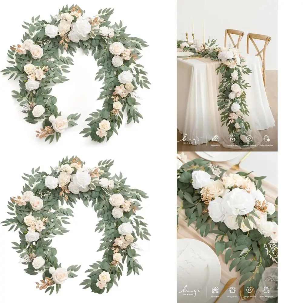 

Изящная 6-футовая гирлянда из искусственного шелка с эвкалиптом и розами для стола жениха/невесты или свадебного торжества, идеально подходит для весеннего декора и сада.