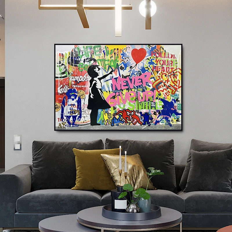 Custom Banksy Balloon Girl Hand Painted Large Art Canvas Paintings,Modern Abstract Street Graffiti, Living Room Decoration Mural