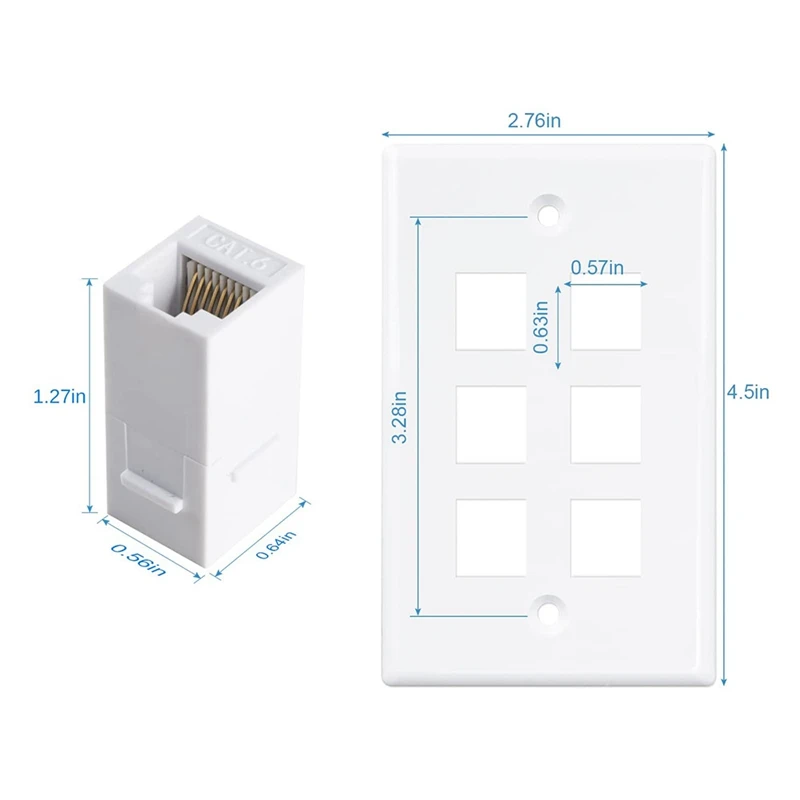 6-Port Ethernet Wall Plate,For Keystone Jack Wall Plate With RJ45 Keystone Inline Coupler Insert, Female To Female Cat6