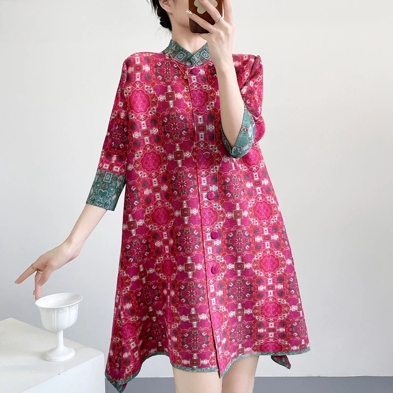 

Miyake pleated autumn and winter long sleeved atmospheric ethnic style single breasted mid length cardigan jacket loose top