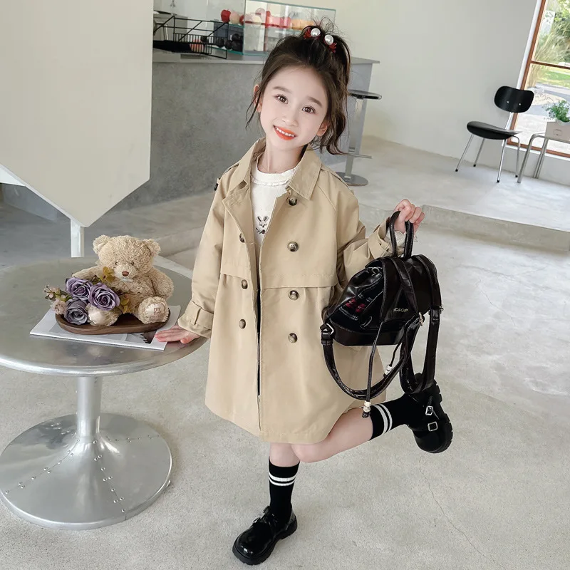

Autumn girls' windbreaker fashionable jacket Children's British style double breasted top Cute medium long coat for baby girls