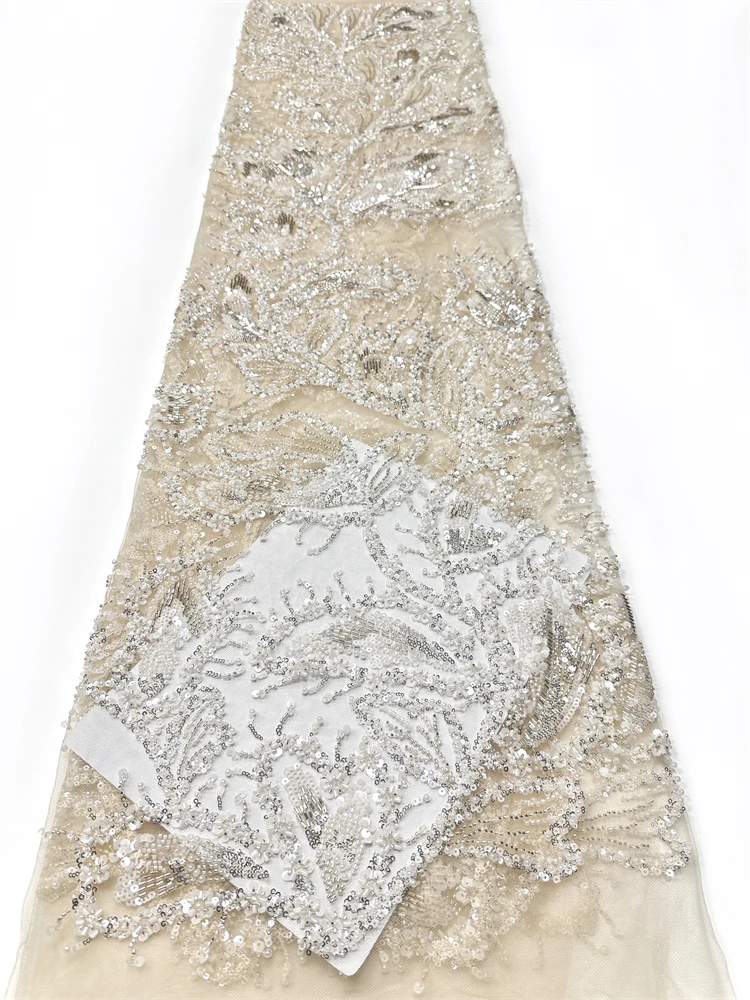 

Luxury African Beaded Lace Fabric High-Quality French Sequin Tulle for Wedding Dresses Heavy Embellished Lace