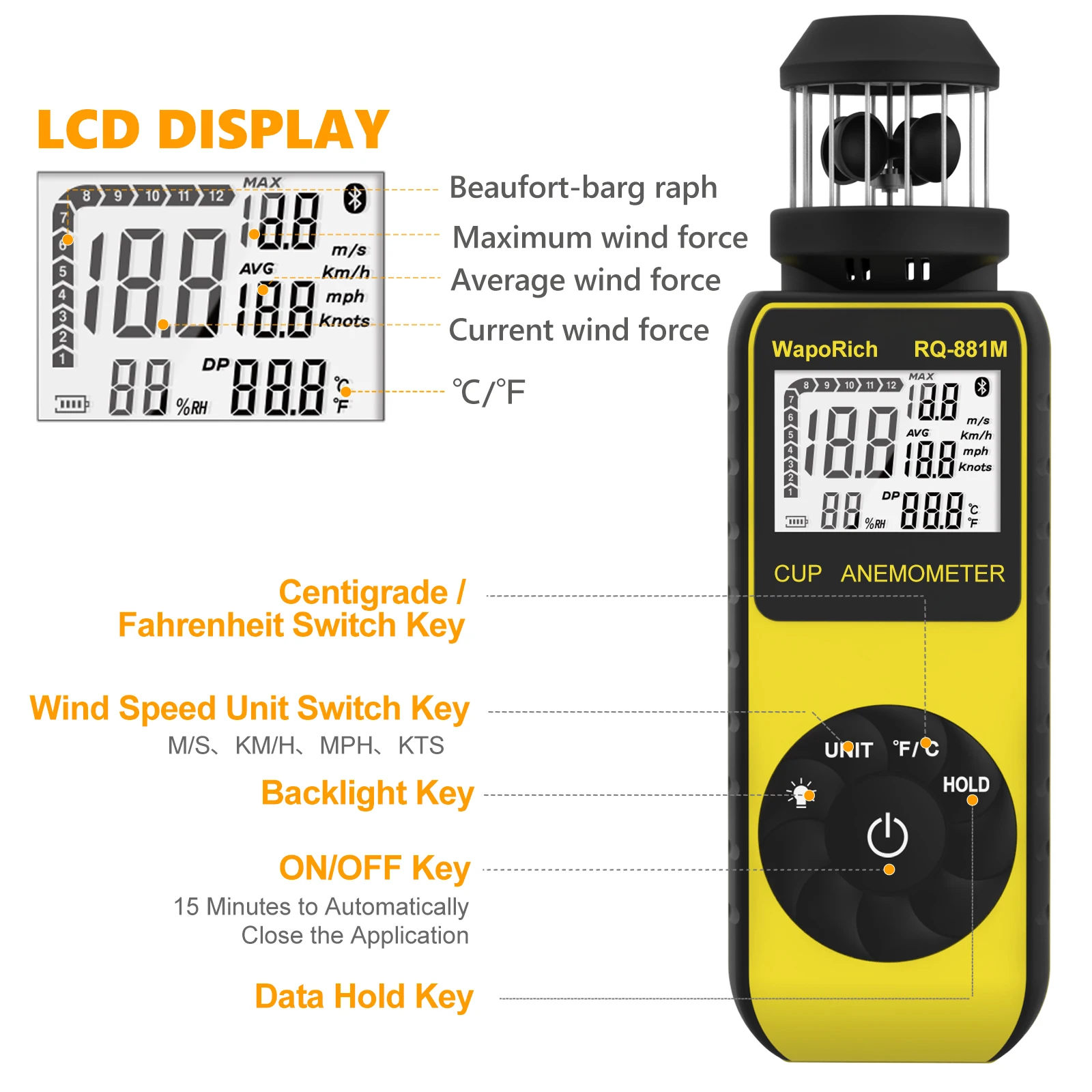 BT-881M Digital Anemometer Wind Meter - Handheld with 360° Rotation for Wind Speed & Temperature Measurement, LCD Backlight