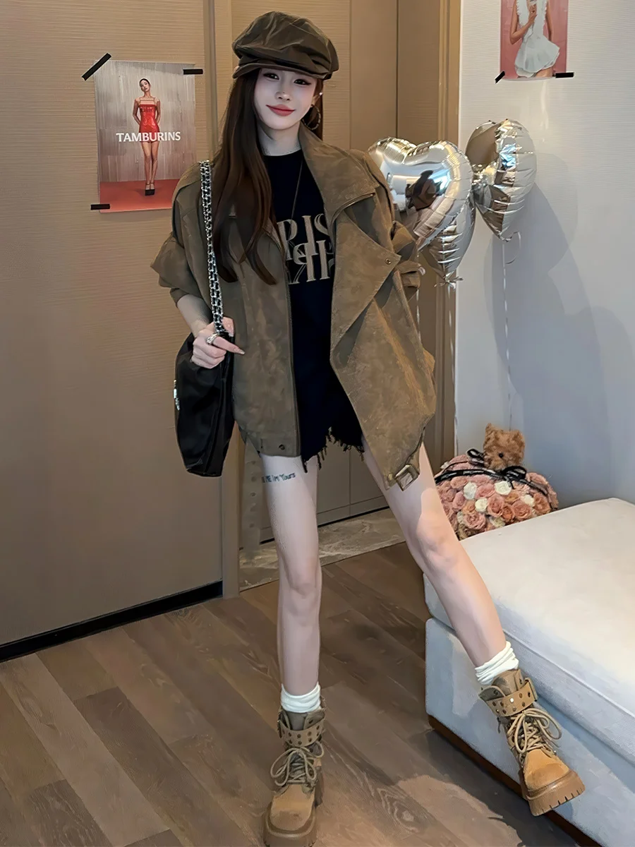 Coreano sle solto confortável feminino jaet outerwear outono novo plus size cor de café roupas da motocicleta ele faion