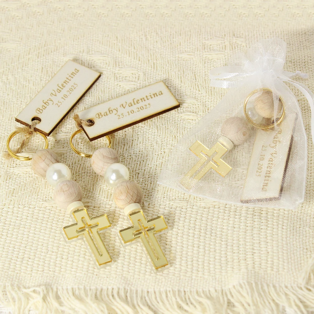 12/40/100Pcs Personalized Cross Keychain,Baptism Favors for Guests,Bautizo Keepsakes, Baptism Guest Gift，Wooden Name Tags