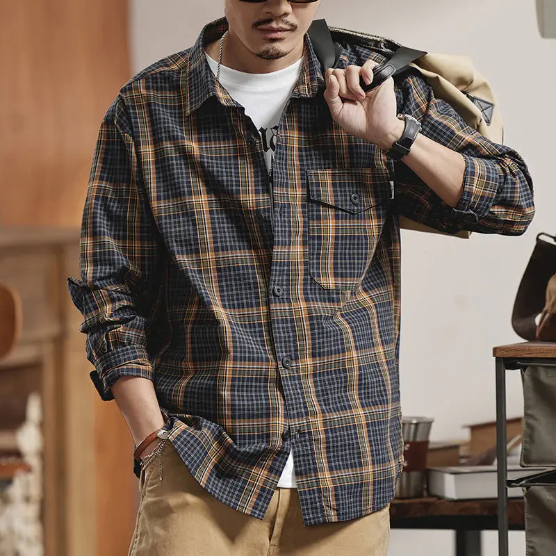 American Vintage Long Sleeve Shirt Men Loose Plaid Shirt Jacket