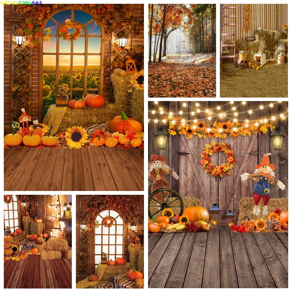 

Autumn Farm Barn Haystack Wooden Floor Backdrop for Photography Fall Thanksgiving Pumpkin Harvest Baby Portrait Photo Background