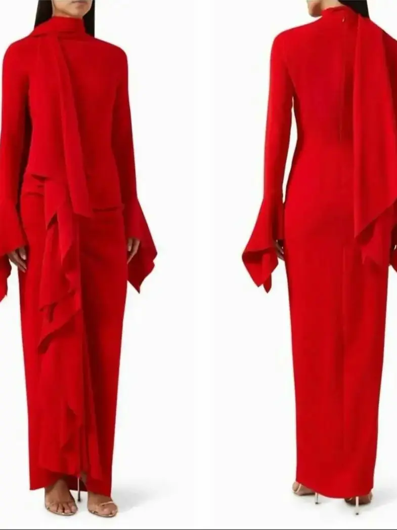 Vestidos de noite de crepe vermelho longo vintage feminino, fenda babados bainha, o pescoço, vestido de baile com zíper, comprimento do tornozelo, zíper, apto para mulheres