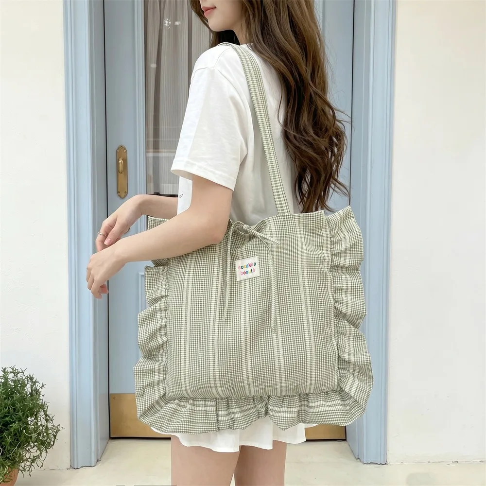 Fashion Korean Commuting Tote Bag Sweet Plaid Handbag Large Capacity Stripe Girly Shoulder Bag