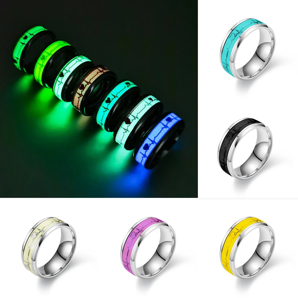 Luminous Stainless Steel Love Heart Couples Rings Glow In The Dark Fluorescent Anillos Wedding Band Finger Rings Accessories