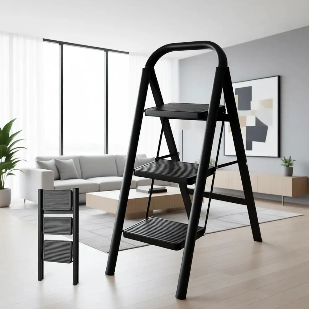 

Трехступенчатая стальная лестница с широкими ступенями, грузоподъемность 330 фунтов, универсальная для кухни, дома и кладовых.