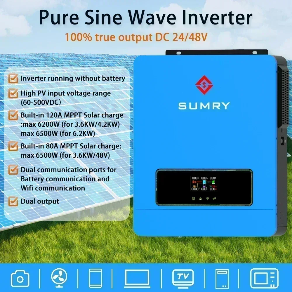 SUMRY 3.6kw ON/off gird عاكس للطاقة الشمسية 24 فولت 120 فولت موجة جيبية نقية MPPT شاحن بالطاقة الشمسية الهجين العاكس للطاقة الشمسية