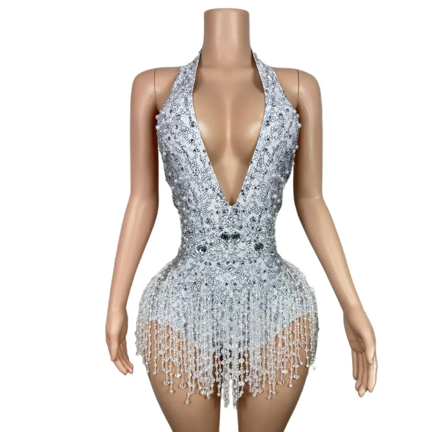 Sparkly Crystals Bodysuit Women Sexy V-Neck Leotard Party Dance Costume Celebrate Dress Outfit Female Bar Dance Stage Bingzhui