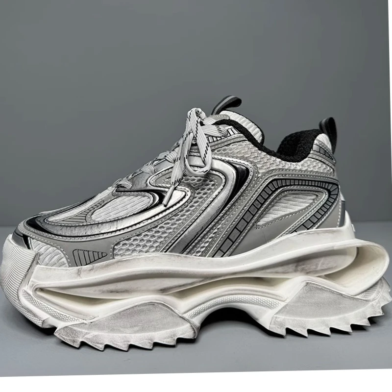 Reflective Design Daddy Shoes for Men's 7cm Increased Mesh Hollow Out Heightened Breathable Couple Street Leisure Sports Shoes