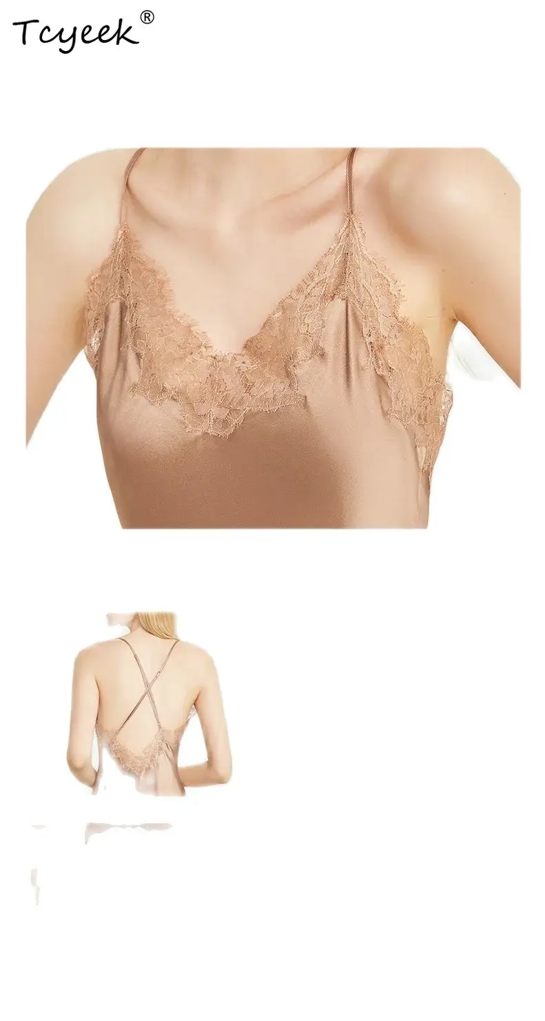 Tcyeek, 19 มม.100% ผ้าไหม Sleeping Robe ชุดสลิง,เซ็กซี่ผู้หญิงเย็บปักถักร้อย,Chic Night-Robe ชุด, 2024 ฤดูร้อนฤดูใบไม้ร่วง S48071QC