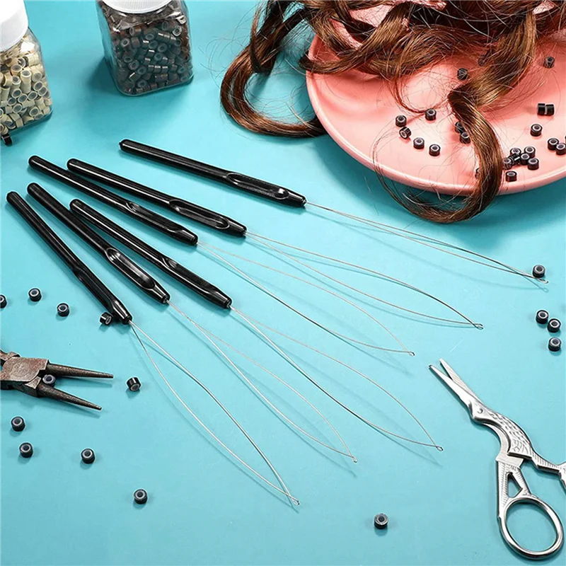 WIND FLYING 40Pcs Hair Extension Loop Threader Hook Tool And Bead Tool Black Loop Threader For Hair Extension Or Feather Extende
