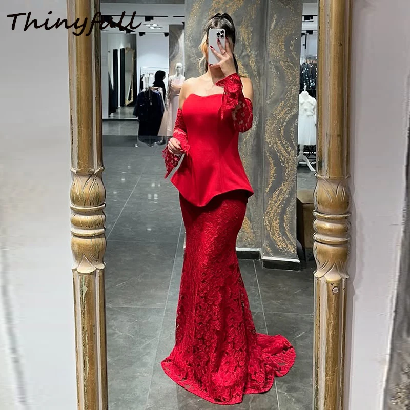 

Thinyfull Mermaid Prom Dresses Detachable Sleeves Satin/Lace Evening Dress Arab Formal Occasion Gown Robe De Soirée Customized