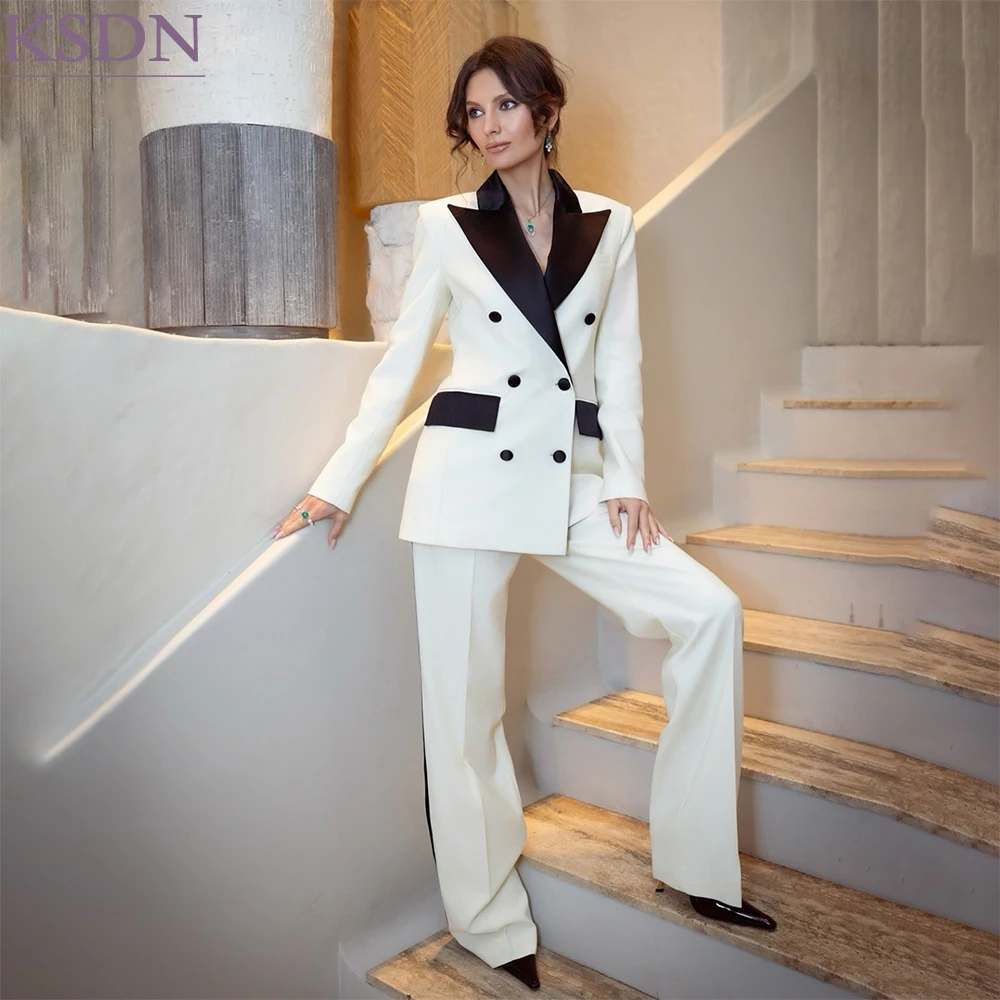 High Quality White Women Suits Fashion Loose Fit Double Breasted With Black Peak Lapel Blazer Business 2 Piece Jacket Pants Sets