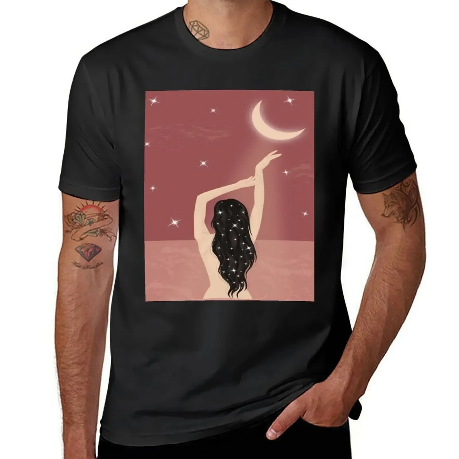 

Girl With Moon In Beach | Artwork|| Pink Art T-Shirt Aesthetic clothing Blouse summer top mens workout shirts