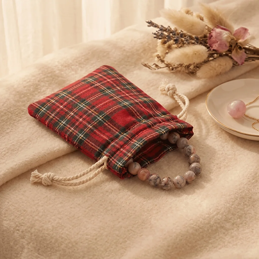Bulk Red Plaid Tartan Drawstring Pouches - Small Gift Bags with Plaid Tartan & Drawstring Closure, Suitable for Christmas Treats
