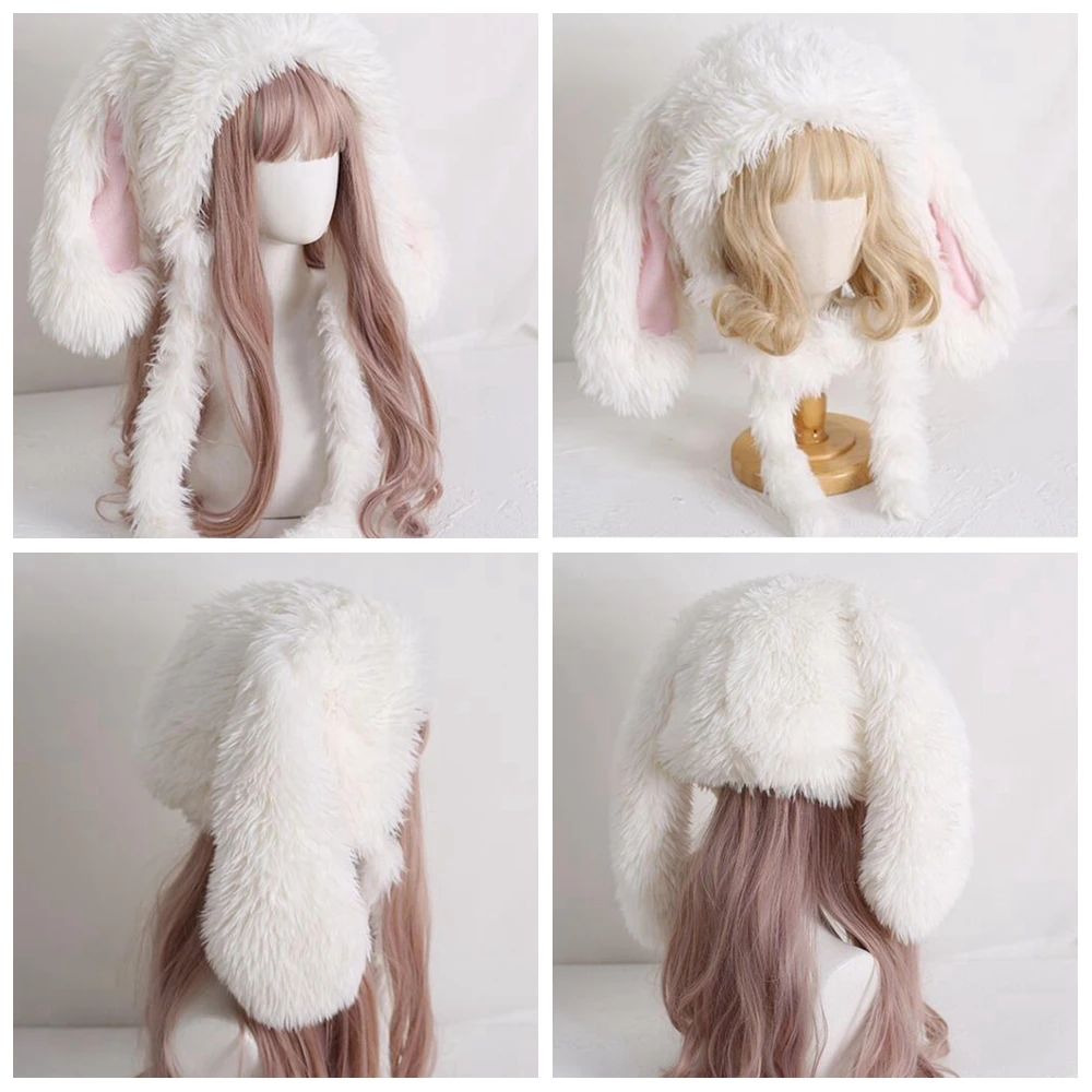 Japanse Sweet Bunny Eared Rabbit Cap Lolita Oorbeschermers Cap Pluizige Warme Winter Fleece Hoeden