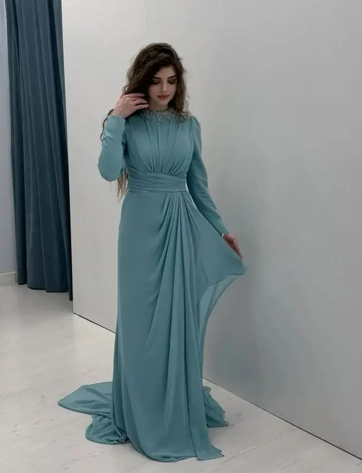 AsaNagi elegante azul O cuello vestido de graduación de manga larga de gasa vestido de noche de fiesta hasta el suelo vestidos para ocasiones especiales personalizados