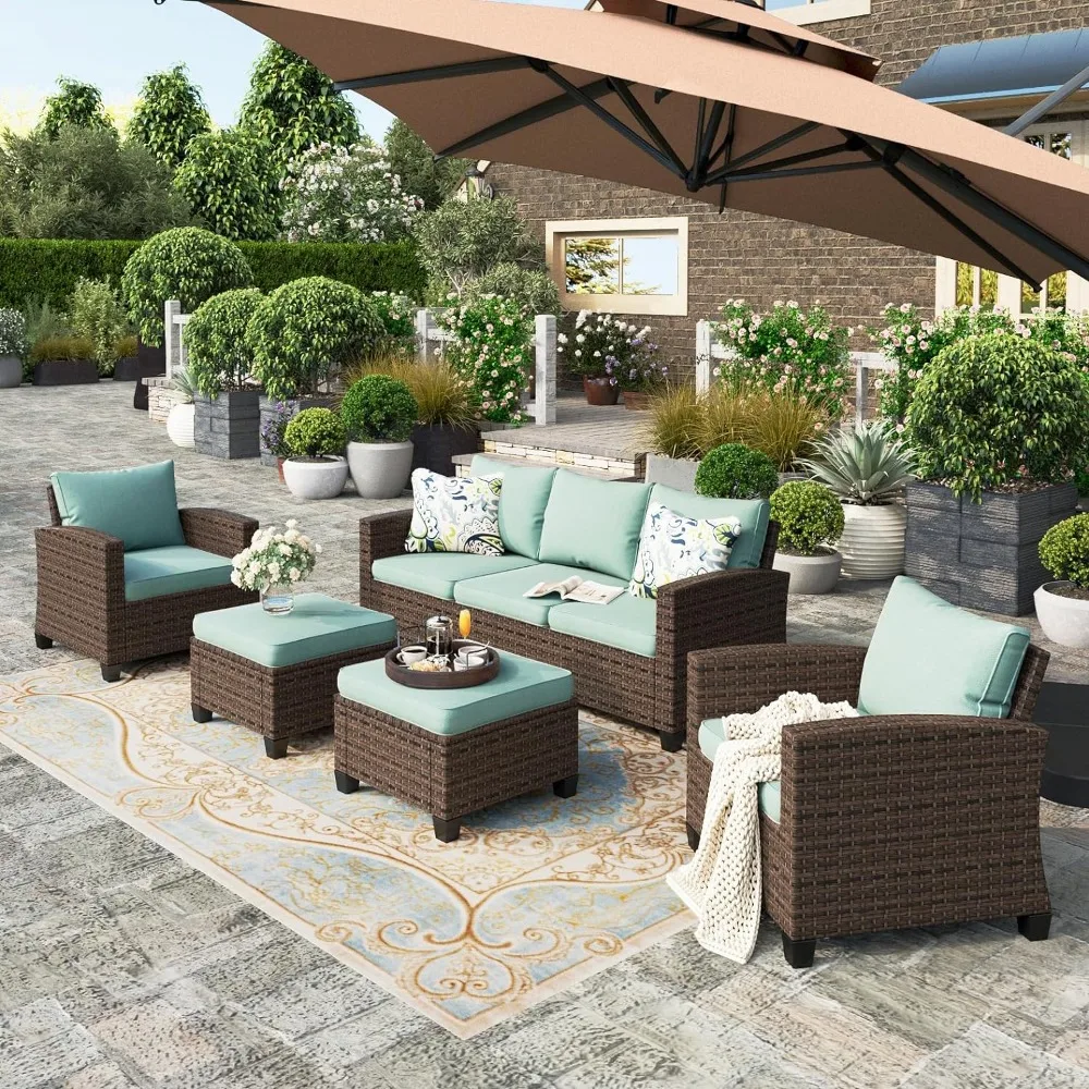 

Wicker patio furniture set, 2 x single chairs, 2 x ottomans and 3-seater sofa with cushions, 7-seater outdoor conversation set