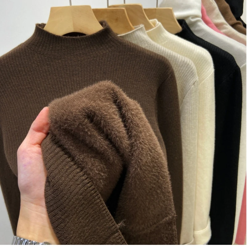 Turtleneck Winter Sweater Women Elegant Thicken Velvet Lined Warm Sueter Knitted Pullover Slim Tops Jersey Knitwear Jumper New