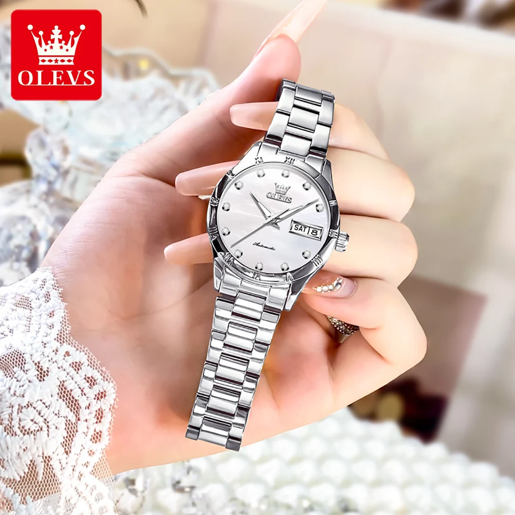 OLEVS 7030 Simple Dual Calendar Mechanical Watch For Women Waterproof Luminous Automatic Wristwatch Luxury Business Ladies Watch