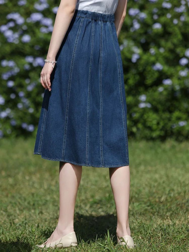 Ik GELOOF U Denim Rokken Vrouwen 2024 Zomer Nieuwe Boog Elastische Hoge Taille A-lijn Losse Retro Basics Zachte Paraplu Rok 2241025545