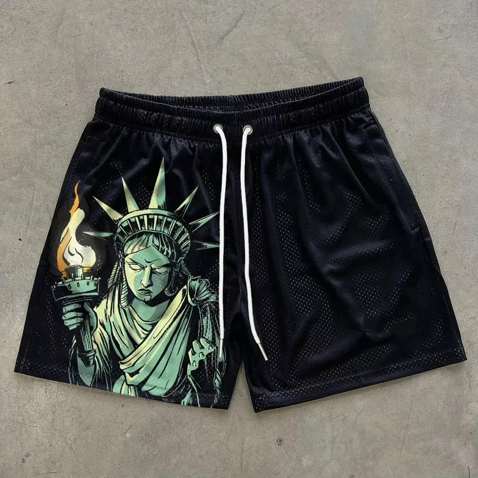 Summer Fashion Loose Statue of Liberty Printed 3D Shorts Casual Street  Breathable Training Fitness Running Shorts Moto