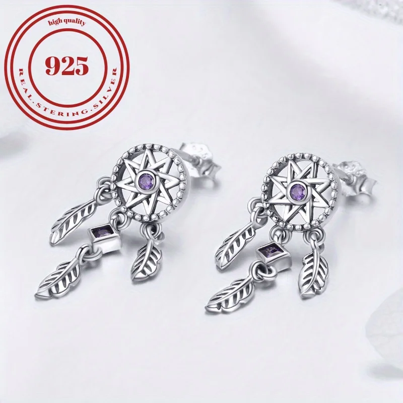 S925 Silver Hypoallergenic Ear Jewelry Dream Catcher Design Purple Zircon Inlaid Dangle Earrings Elegant Style Delicate Gift