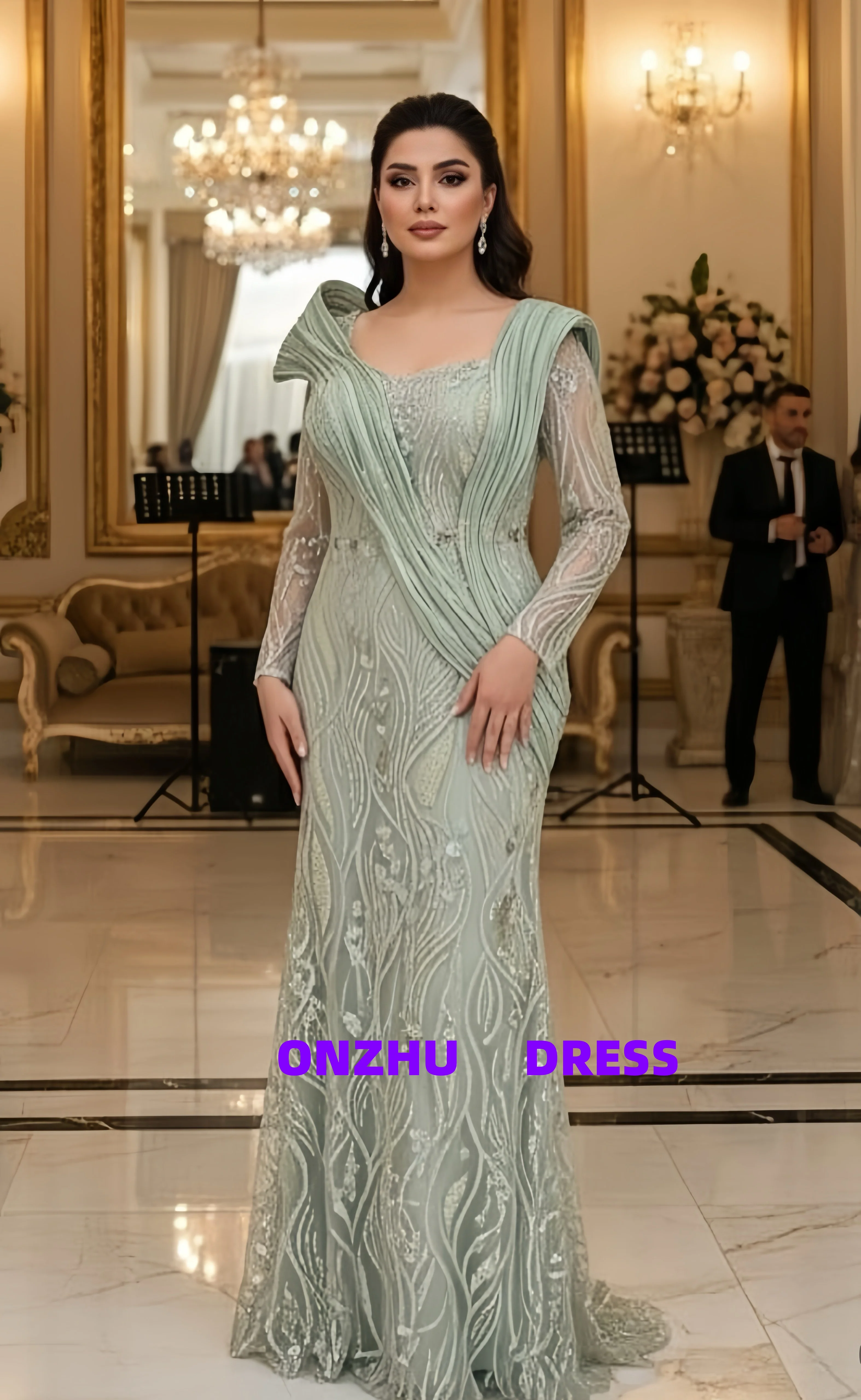 

Customized square collar long sleeves A-LINE gorgeous evening dresses luxury robes de soiree vestidos de gala vestidos de gala P