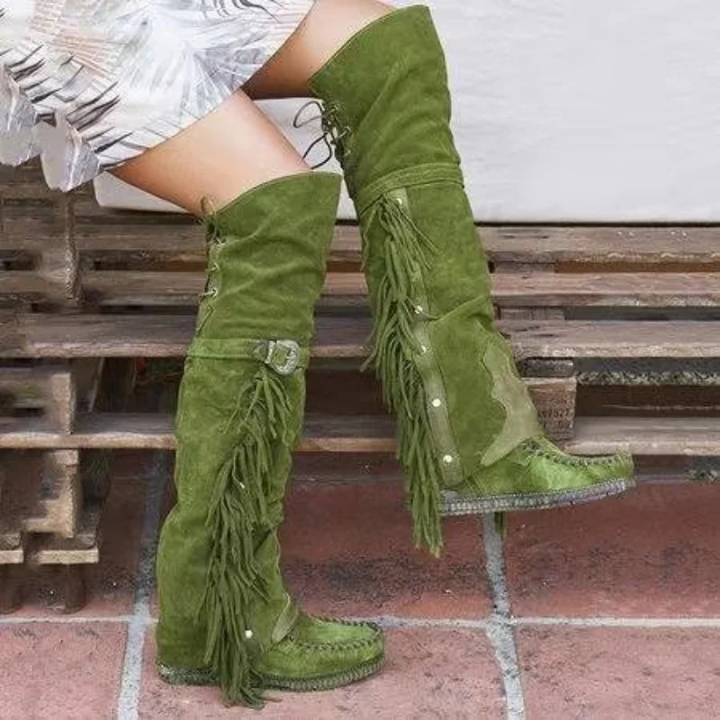 Fashion Bohemia Knee-length Women Boots Ethnic Personality High Boot Tassels Faux Suede Boots Girl Flat Bottom Long Botas Mujer