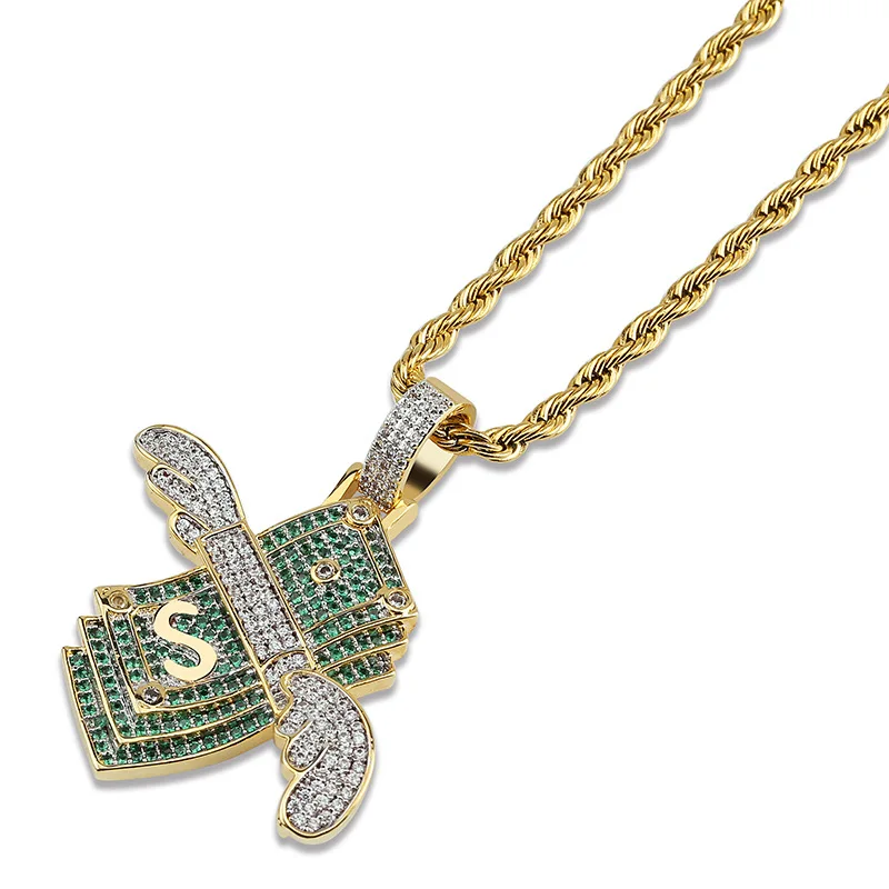 Hip Hop Micro Paved Green AAA+ Cubic Zirconia Bling Ice Out Solid Flying Dollar Money Pendants Necklace for Men Rapper Jewelry